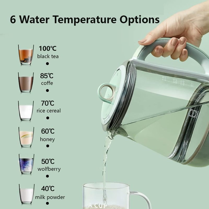 BUYDEEM Health Pot K2763 Lite, Glass Electric Kettle for Tea & Coffee, Hot Water Boiler and Wamer with Stew Pot, Temperature Control, Green, 1.5L