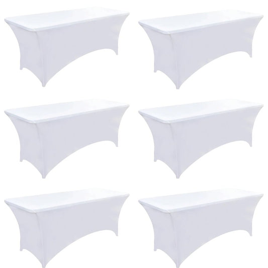ZarzaaSik 6-Pack 8ft White Spandex Table Covers for Rectangle Folding Tables - Washable Elastic Tablecloth - Ultimate Fitted Table Protector for Birthday Parties, Trade Shows, Banquet
