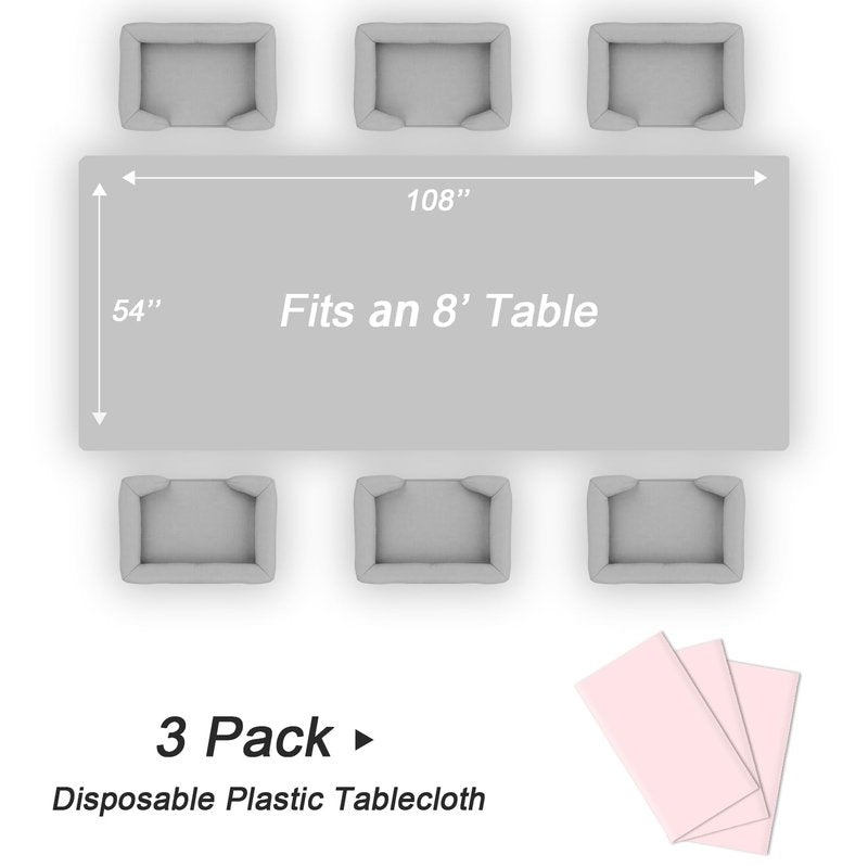 QIKSION Pink Plastic Table Cloth Disposable 3 Pack, 54 x 108 Inch Tablecloths for Valentines, Easter, Mothers Day Decorations, Baby Shower Birthday Party, Rectangle Table Cover