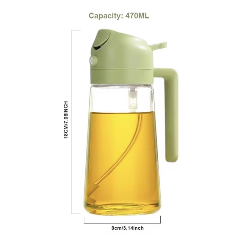 BEAUTIVANA 16oz/470ml Glass Olive Oil Sprayer for Cooking with Stickers, 2 in 1 Oil Dispenser for Kitchen Gadgets, Food Grade Premium Spray Bottle with Portion Control for Salad, Frying, BBQ (Green)