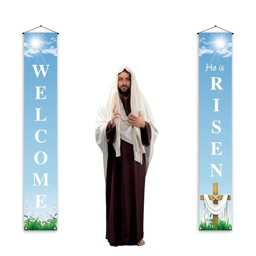 He Is Risen Porch Banner Easter Christian Cross Lily Religious Holiday Party Front Door Sign Wall Hanging Party Decoration