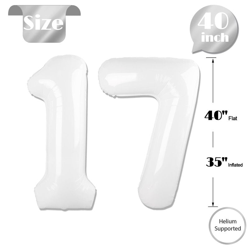 White Number 17 Balloon 40 inch, 17 Number Balloons, 17th White Birthday Decorations for Girls Boys 17 Year Old Party Supplies