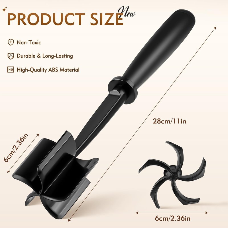 ZASZO Meat Masher, Ground Beef Chopper Tool with 5 Curve Blades & Ergonomic Non-Slip Handle, Nylon Hamburger Smasher Tool Heat Resistant Non Stick(Black)