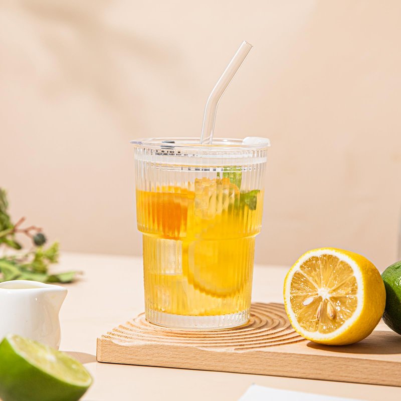 SoulTimes 13oz Glass Tumblers with Lids and Straws, Set of 2 - Stylish Ribbed Design Drinking Glasses for Iced Coffee, Juice, Smoothies, Cold Beverages, Includes Cleaning Brush, Durable Glassware