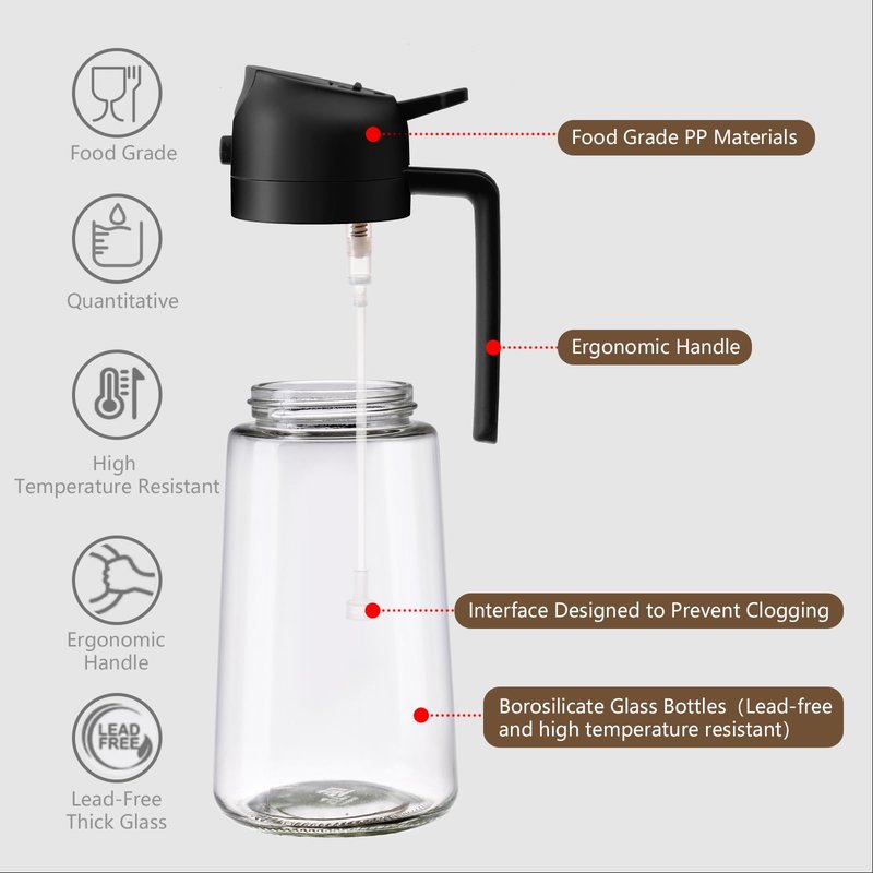SWEET VIEW Olive Oil Sprayer for Cooking, 16oz/470ml Glass Oil Dispenser/Pour Bottle, Kitchen Accessories, Kitchen Gadgets for Air Fryer, Salad, BBQ, with Stickers (Black)
