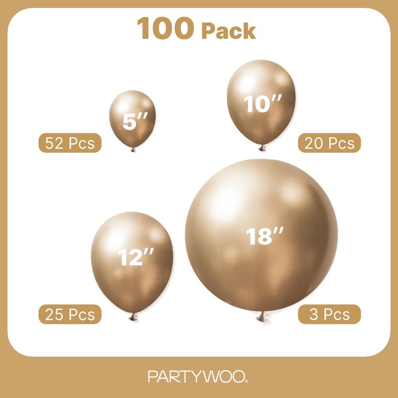 PartyWoo Metallic Gold Balloons 100pcs Different Sizes of 18 12 10 5 Inch Chrome Gold Balloon Arch Kit Garland for Birthday Graduation Baby Shower Wedding Bachelorette Party Decorations Gold-G127
