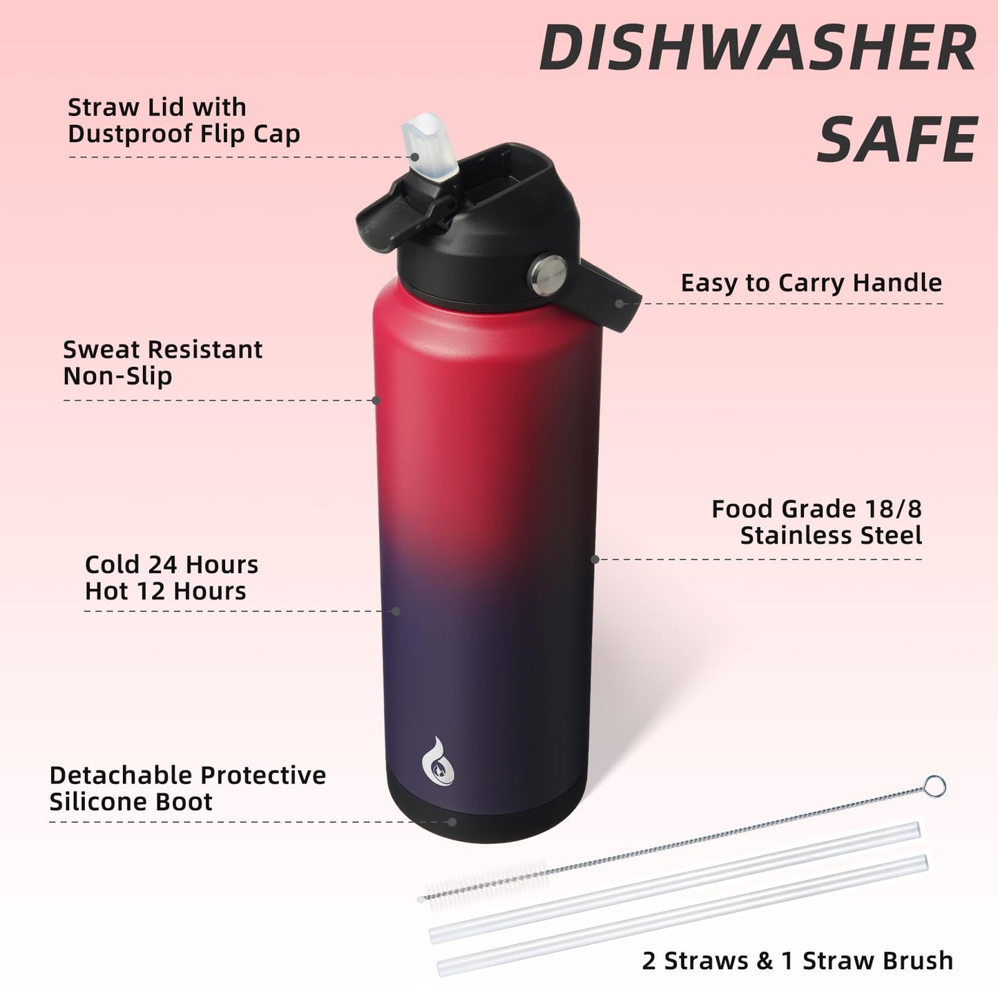 BJPKPK Insulated Water Bottle with Straw Lid, 40oz Large Thermo, BPA Free Leak Proof Stainless Steel Metal Water Bottles, Tumblers, Cups, Flasks for Travel, Sports,Charming Red
