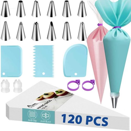 HOTEC Piping Bags and Tips Set, 120 Pcs Cake Decorating Kit with 100pcs 12 Inch Disposable Pastry Bags, 1 Reusable Piping Bags, 12 Piping Tips, 3 Cake Scraper, 2 Couplers, 2 Bag Ties, Baking Supplies