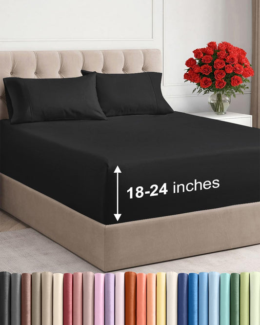 Skiennix Extra Deep Twin Sheet Set - 4-Piece Breathable Cooling Bedding - Soft, Wrinkle-Free Black