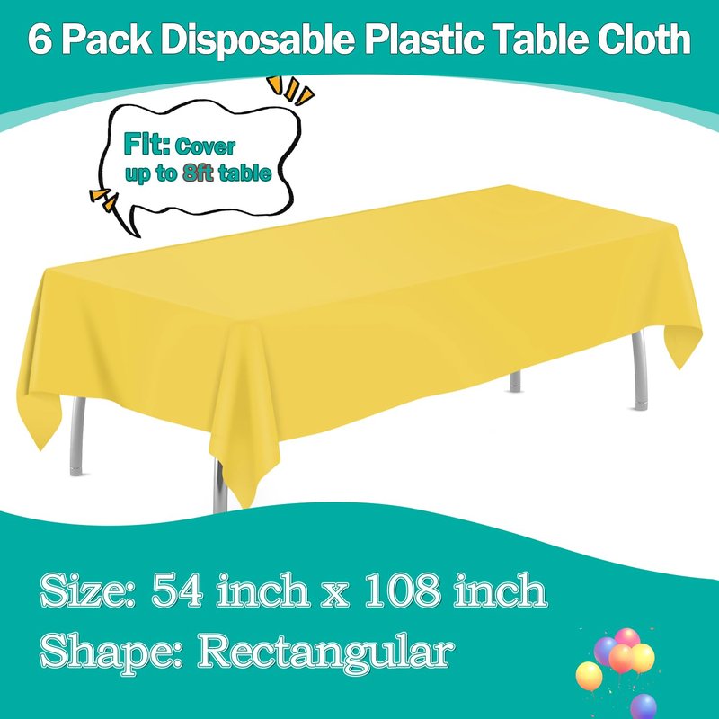 tujol Yellow 6 Pack Plastic Table Cloth 54" x 108", Disposable Tablecloths Rectangle Table Cover, Plastic Tablecloths for Parties