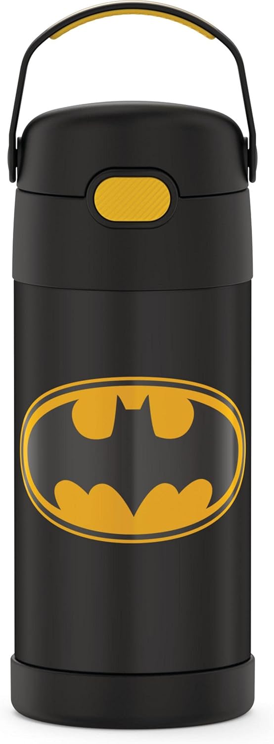 THERMOS FUNTAINER Water Bottle - 12 Ounce Kids Stainless Steel Vacuum Insulated with Straw - Batman Design