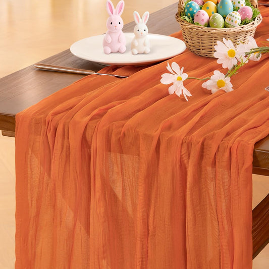 Socomi Cheesecloth Table Runner - Boho Rustic Sheer Design | 120 Inch Orange for Weddings & Events