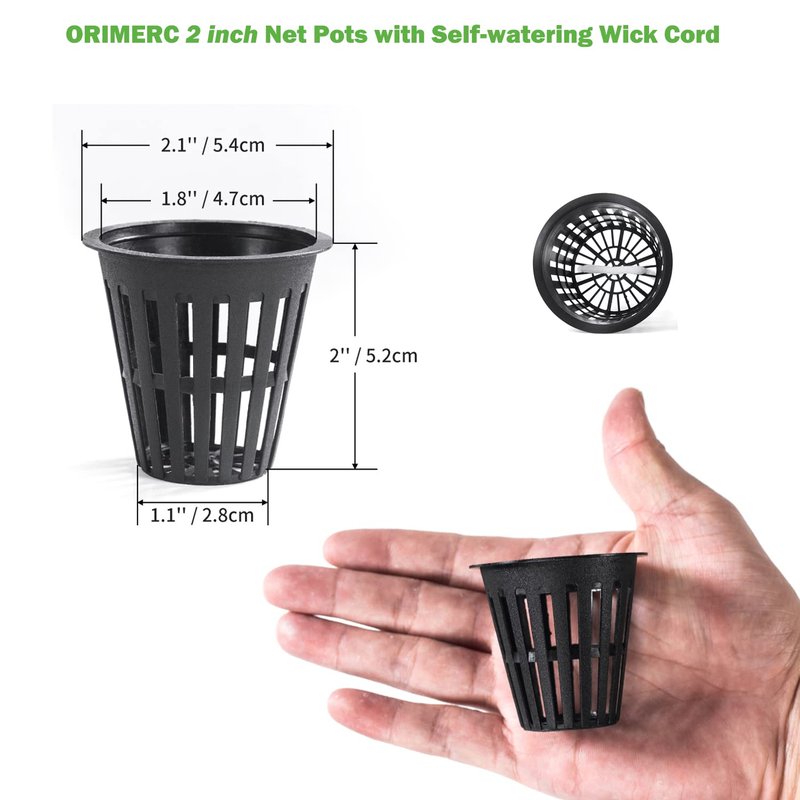ORIMERC 2 inch Net Cups Pots 30 Pack with 30 feet Self Watering Wick & 30 Plant Labels for Hydroponics Aquaponics Planter Indoor Outdoor Growing Baskets Slotted Mesh UV Resistant & BPA Free