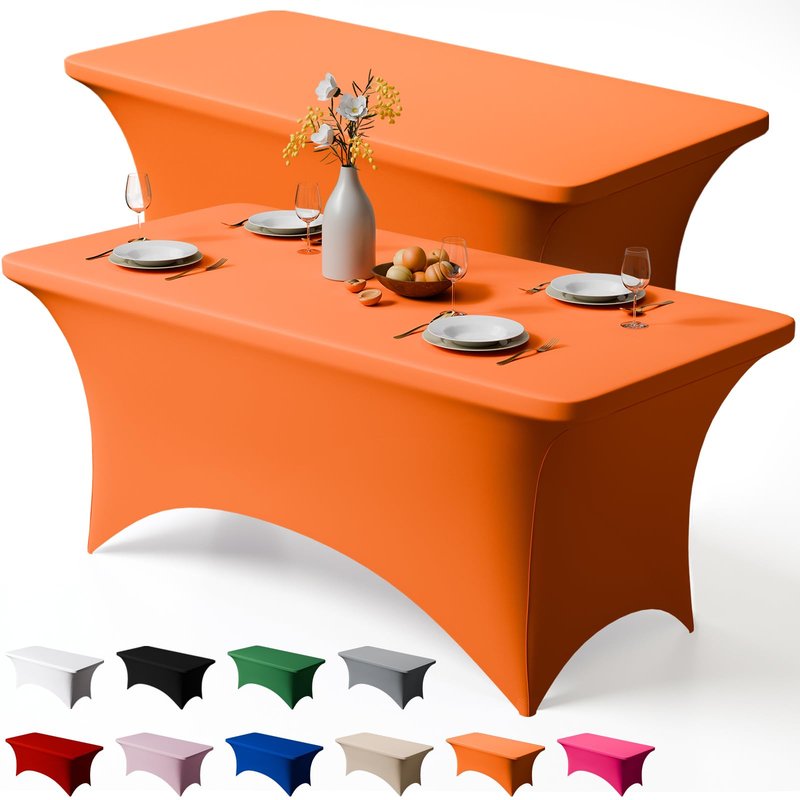 Trlyc 2 Pack 6FT Spandex Table Cloth - 72 x 30 Inch Rectangular Stretch Tablecloth, Wrinkle Resistant Scretch Table Cover for Wedding, Party, Banquet, Picnic, Outdoor Decoration (2Pcs,Orange)