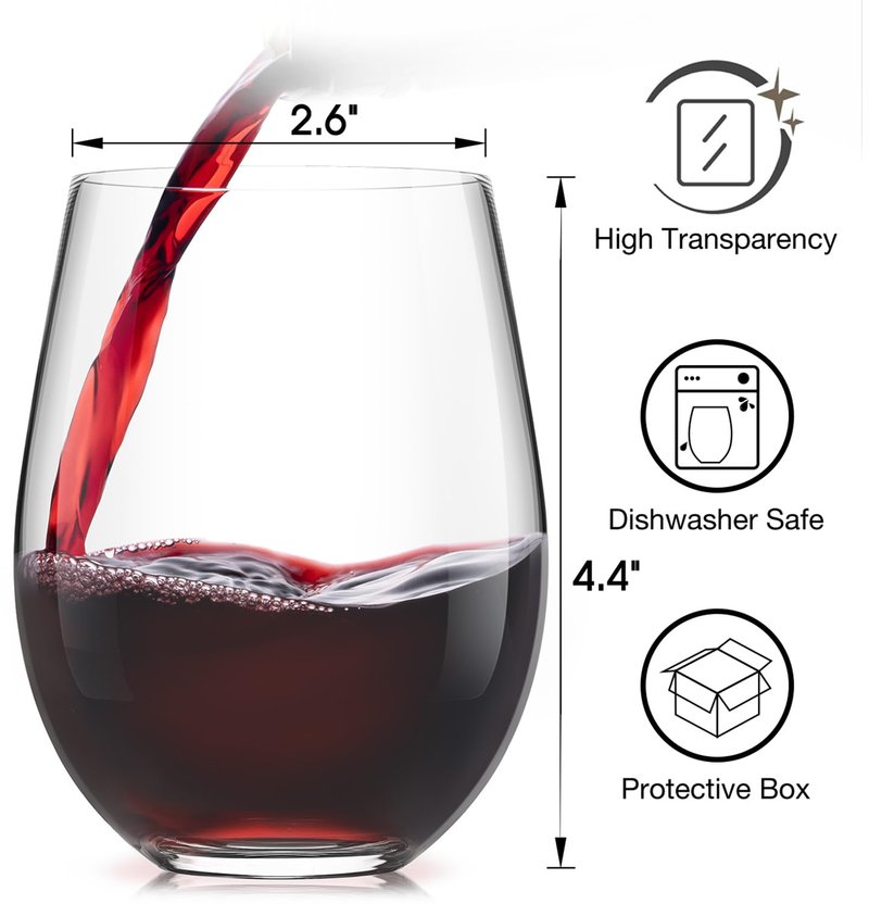 LUNA & MANTHA Stemless Wine Glasses, Crystal Red White Wine Glasses for Daily Use, Hosting, Home Bar, Evening Party, Birthdays, Shower, Housewarming Gift,Clear set of 4,15oz (4 Count)