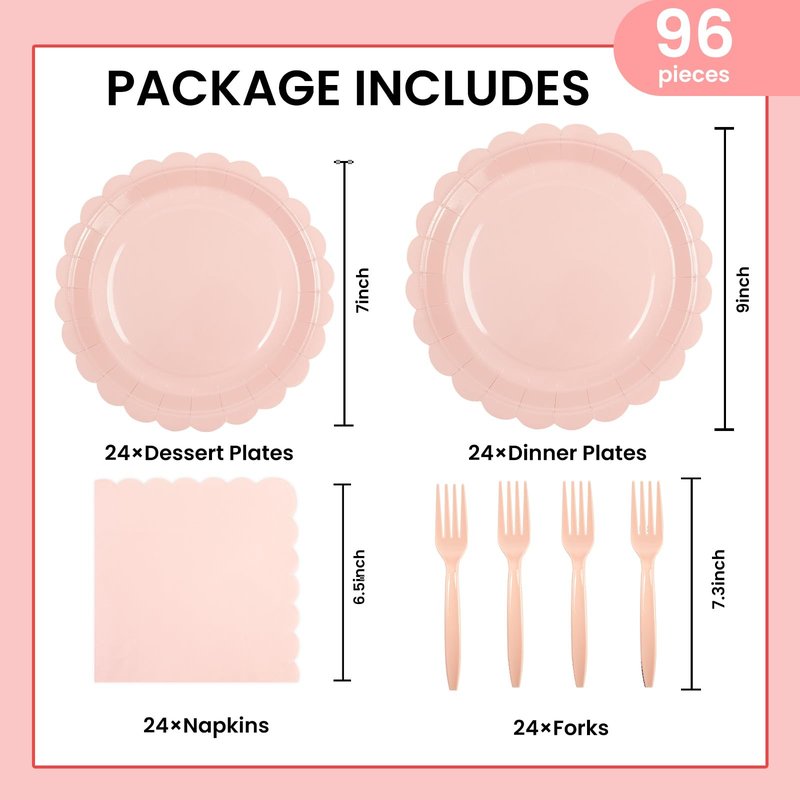 PUEVENYI 96PCS Pink Paper Plates and Napkins, 24 Guest Light Pink Disposable Scalloped Paper Plates Napkins and Forks Decoration Party Supplies for Valentine's Day Birthday Wedding Baby Shower