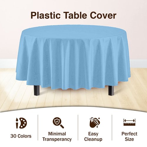 Exquisite Party Solids 6-Pack Premium Plastic Tablecloth 84in. Round Plastic Table Cover - Light Blue