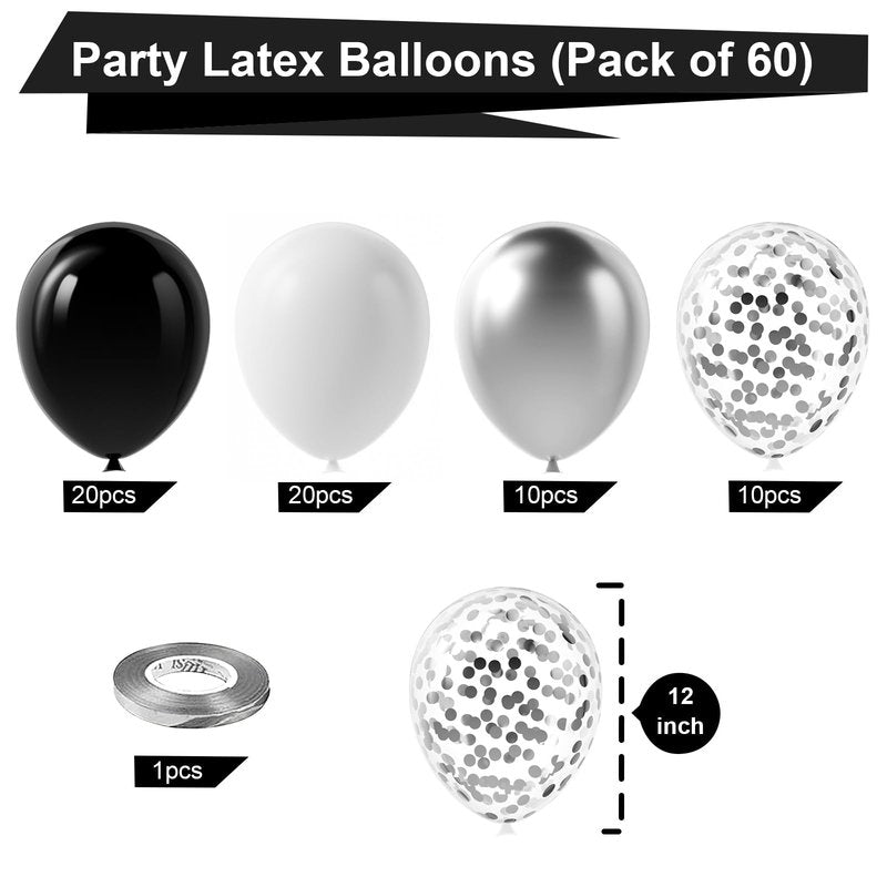 Bezente Black Silver Confetti Latex Balloons,60pcs 12 inch Black White Silver Metallic Chrome and Confetti Balloons for New Year Birthday Baby Shower Wedding Theme Party Decoration