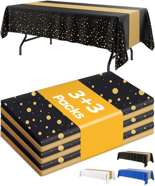 Niuara Table Cloth Set - Black & Gold Disposable Rectangle Table Cover & Runner | 3+3 Pack for Events