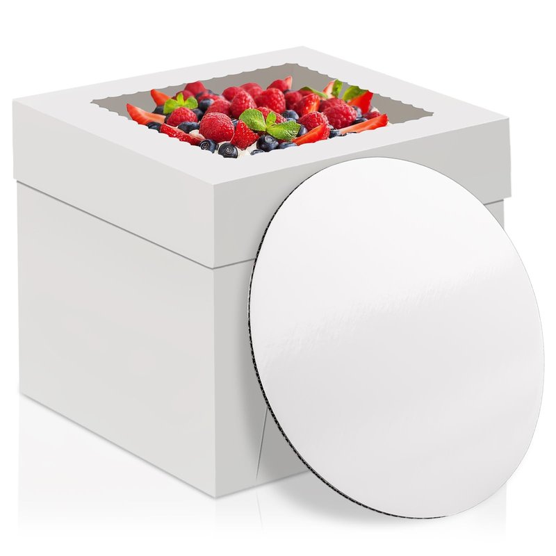 WINKIO 10 Inch Cake Box with Cake Boards, 2 Pack Disposable Cake Carrier, Cakes Transport Container, White Bakery Holder with Window, for Cookies Pies Cupcakes Pastry (10×10×8 Inches)