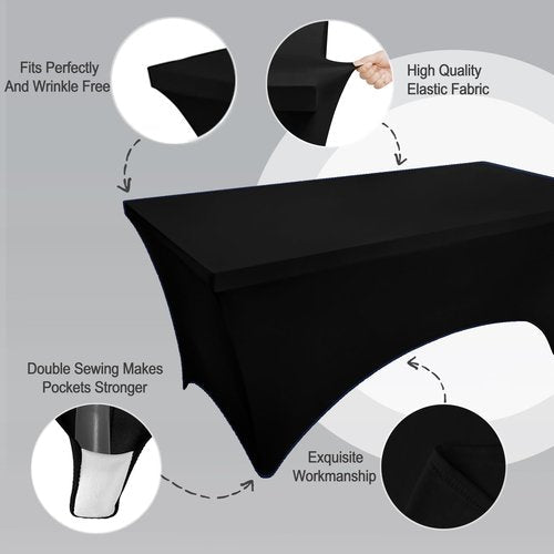 FOLINS&HOME Black 6ft Fitted Rectangle Tablecloth with Elastic, Water Resistant Washable Spandex Table Cover for 6 Foot Folding Tables, Stretch Table Cloth for Weddings, Banquets, Parties
