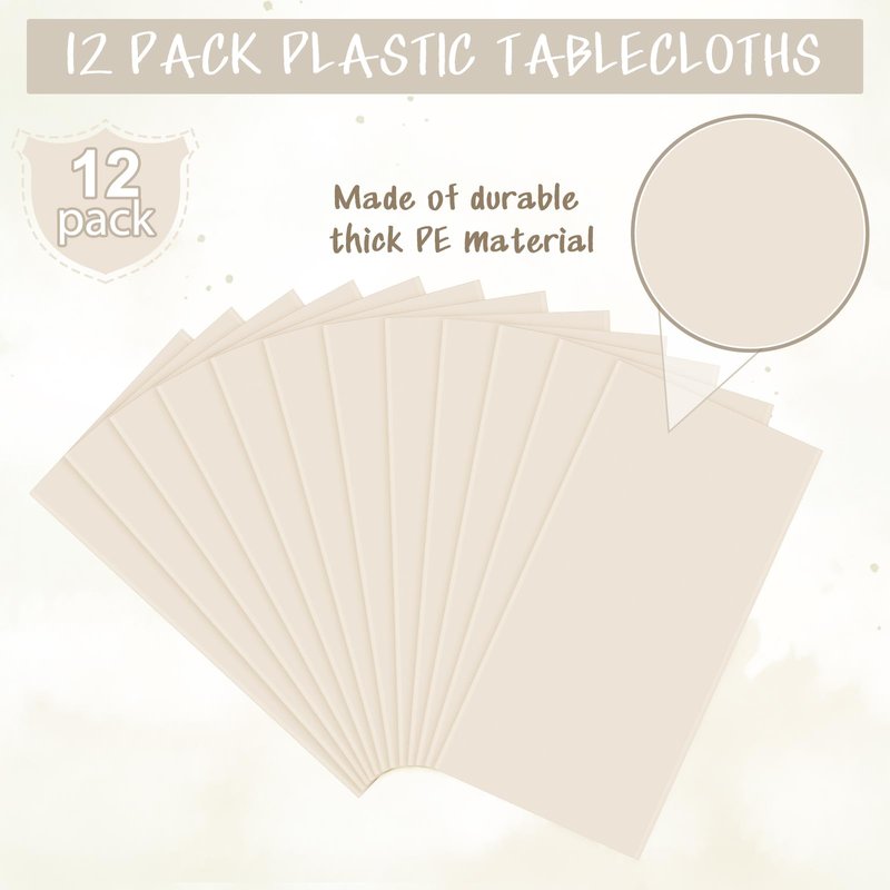 YIDAKO 12Pcs Beige Tablecloths for Rectangle Tables,Disposable Plastic Ivory Table Cloth,Waterproof Cream Table Cover for Birthdays Weddings Anniversary Party Decorations,54 x 108 Inch