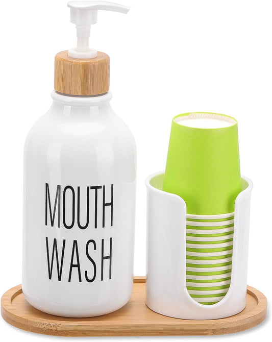 Skiennix Mouthwash Dispenser - Refillable 17oz Clear Pump Bottle with Cup Holder & Tray for Bathroom Organization