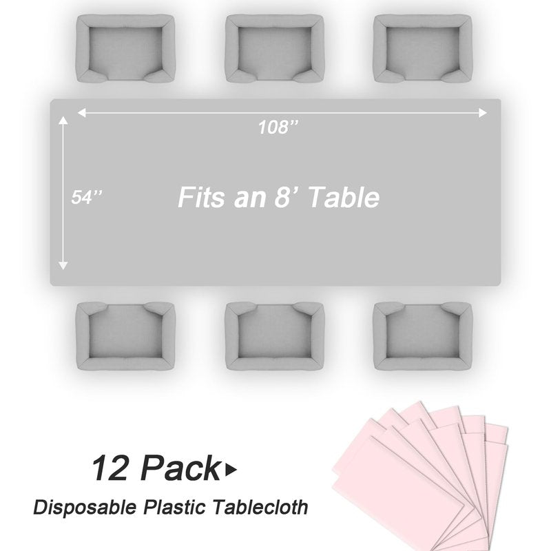 QIKSION Pink Plastic Table Cloth Disposable 12 Pack, 54 x 108 Inch Tablecloths for Valentines, Easter, Mothers Day Decorations, Baby Shower Birthday Party, Rectangle Table Cover