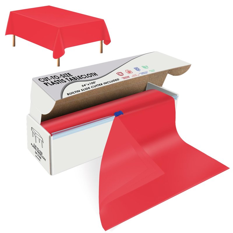 tujol Red Disposable Plastic Table Cloth Roll 54" X 100', Plastic Table Cover with Cutter Box, Cut to Size Disposable Tablecloth for Parties