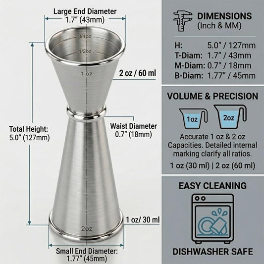 Barfroee Japanese Cocktail Jigger - 1oz & 2oz Double Jigger with Internal Measurement Markings - 304 Stainless Steel Bar Tool for Mixology - Accurate Shot Measure for Drinks