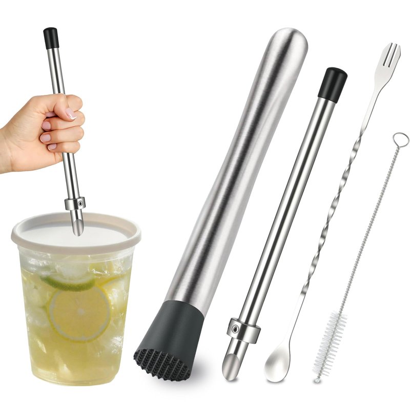 4Pcs Straw Puncher and Muddler Spoon Set 304 Stainless Steel Straw Hole Puncher for Plastic Lids Lemonade Cups Tools for Lemonade Stands Supplies