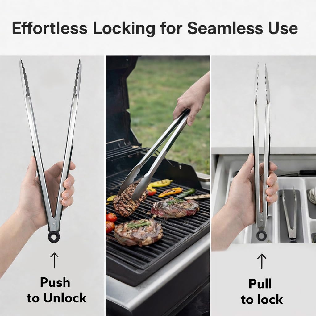 Kona Premium Stainless-Steel Locking Grill Tongs 17 inch, Sturdy, Heavy Duty Tongs - Great for Cooking, Grilling, and Barbecue (BBQ) [Set of 2]