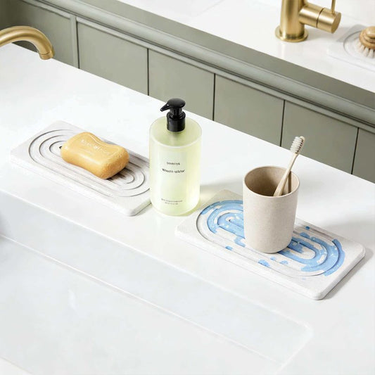 2 PCS Water Absorbing Diatomite Coasters, Stone Drying Mat for Kitchen Counter, Quick Dry Stone Mat Trays for Bathroom Kitchen Counter, Soap Dish Tray Used for Hand Soaps (White, 8.3" x 4")