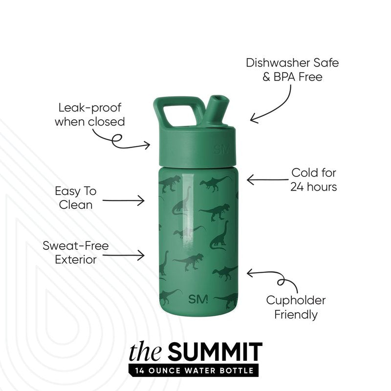 Simple Modern Kids Summit Water Bottle with Straw Lid | 14oz Stainless Steel Cup Insulated Tumbler for Toddlers, Boys, School | Dino World