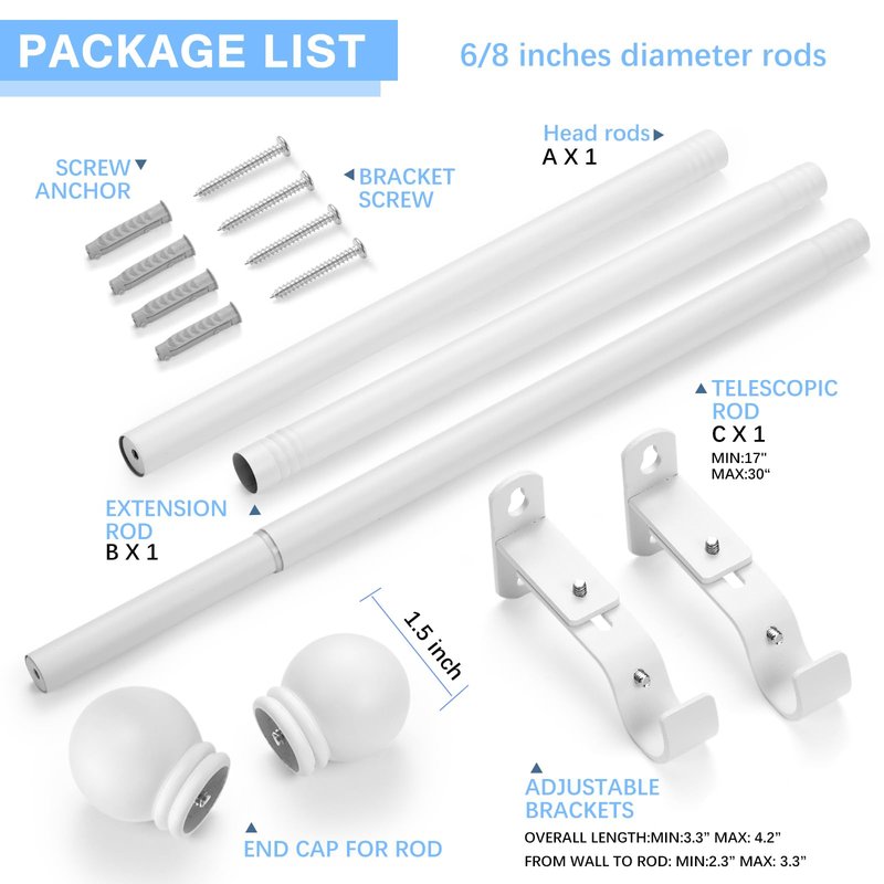 AMZSEVEN Curtain Rods for Windows 16 to 48 Inches, Curtain Rod Max Adjustable Length of 60 IN, 6/8" Diameter Drapery Rods Round Finials, White, Pack of 1