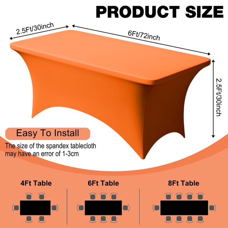 Trlyc 2 Pack 6FT Spandex Table Cloth - 72 x 30 Inch Rectangular Stretch Tablecloth, Wrinkle Resistant Scretch Table Cover for Wedding, Party, Banquet, Picnic, Outdoor Decoration (2Pcs,Orange)