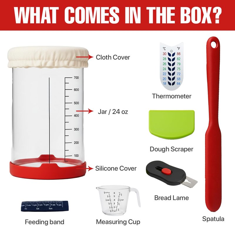 Sourdough Starter Kit, 24 Oz Sourdough Jar with Measuring Cup, Thermometer, Spatula, Dough Scraper, Bread Lame, Silicone Base & Cloth Cover, Feeding Band, Bread Baking Supplies for Bakers (24 Oz)