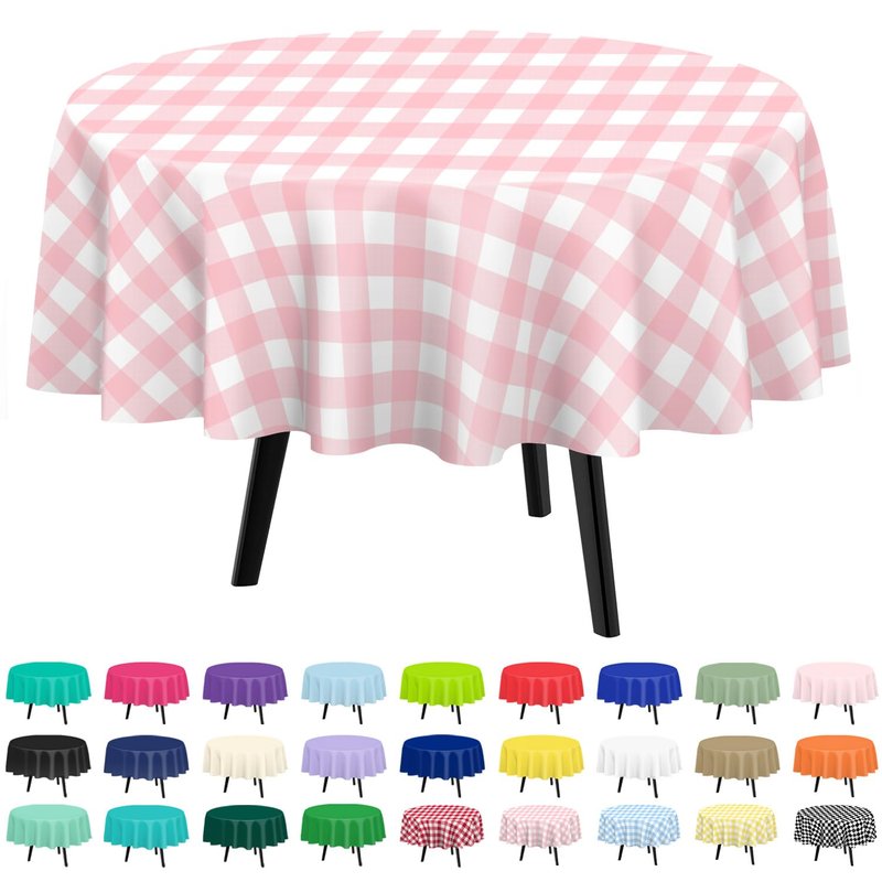 QIKSION Pink Gingham Round Tablecloth 2 Pack, 84 Inch Plastic Checkered Table Cover Disposable for Parties