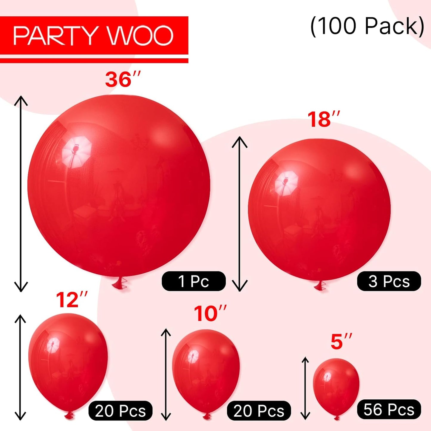 PartyWoo Red Balloons - 100 Pcs Matte Latex Balloons in Various Sizes for Party Decorations | Perfect for Garland & Arch