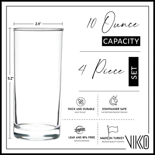 Vikko Water Glasses, Set of 4 Drinking Glasses, Thick and Durable Tumbler, 10 Ounce Tall Kitchen Glasses, Dishwasher Safe Highball Glass Tumbler, Heavy Duty Cups