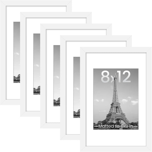 Upsimples 8x12 Picture Frame Set of 5 - Display 6x8 Photos with Mat or 8x12 Without | White Gallery Frames