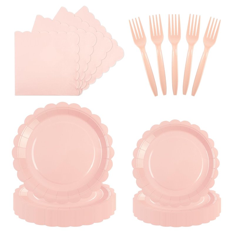 PUEVENYI 96PCS Pink Paper Plates and Napkins, 24 Guest Light Pink Disposable Scalloped Paper Plates Napkins and Forks Decoration Party Supplies for Valentine's Day Birthday Wedding Baby Shower