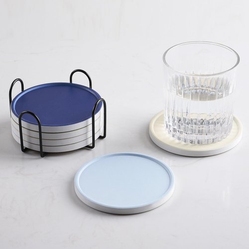 Hoomey Set of 6 Beige and Blue Coasters with Holder, Absorbent Ceramic Drink Coasters with Cork Backing for Table Protection, Table Decor, Housewarming Gifts