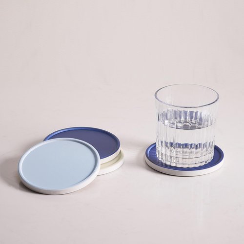 Hoomey Set of 6 Beige and Blue Coasters with Holder, Absorbent Ceramic Drink Coasters with Cork Backing for Table Protection, Table Decor, Housewarming Gifts