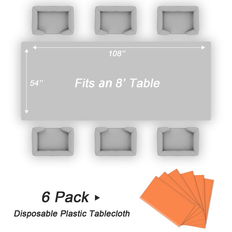 QIKSION Orange Plastic Table Cloth Disposable 6 Pack, 54 x 108 Inch Tablecloths for Party, Graduation, Halloween, Thanksgiving Decorations, Harvest, Fall, Rectangle Table Cover