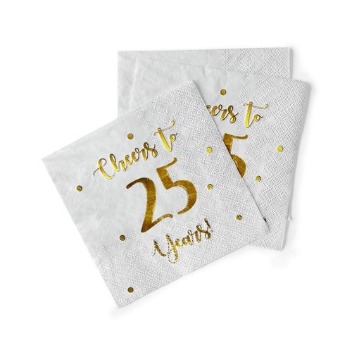 Cheers to 25 Years Cocktail Napkins | Happy 25th Birthday Decorations for Men and Women and Wedding Anniversary Party Decorations | 50-Pack 3-Ply Napkins | 5 x 5 inch folded (White)