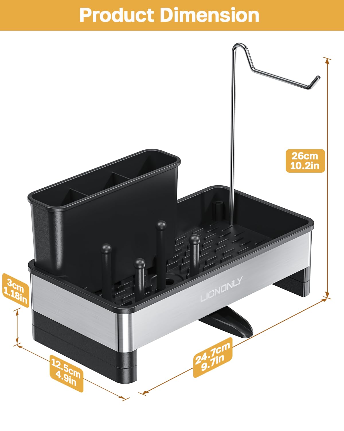 LIONONLY Sponge Holder for Kitchen Sink, 304 Stainless Steel Sink Caddy with Auto Drain Tray, Kitchen Sink Organizer with Towel Brush Holder for Countertop, Soap Dispenser Storage Accessories