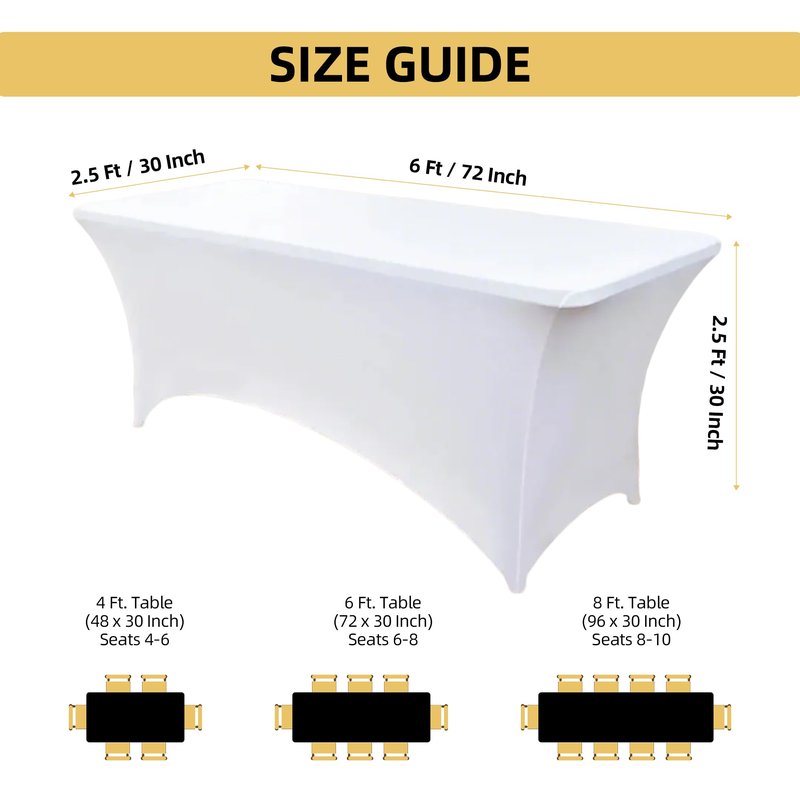 ZarzaaSik 2-Pack 6ft White Spandex Table Covers for Rectangle Standard Folding Tables - Wrinkle Resistant Stretch Tablecloths - Ultimate Fitted Table Protector for Parties, Trade Shows, Banquet