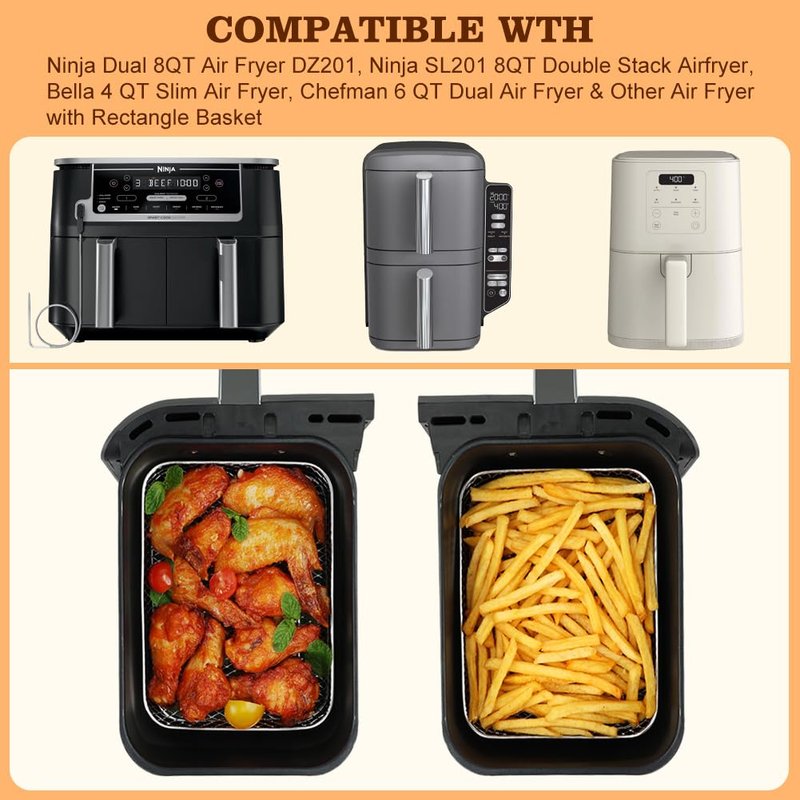 BYKITCHEN Air Fryer Rack for Ninja 8 QT DZ201/ SL201 DualZone Airfryer/Bella 4QT Slim Airfryer&More, 3pcs Stackable Stainless Steel Dehydrator Rack with Silicone Feet, Ninja Air Fryer Accessories