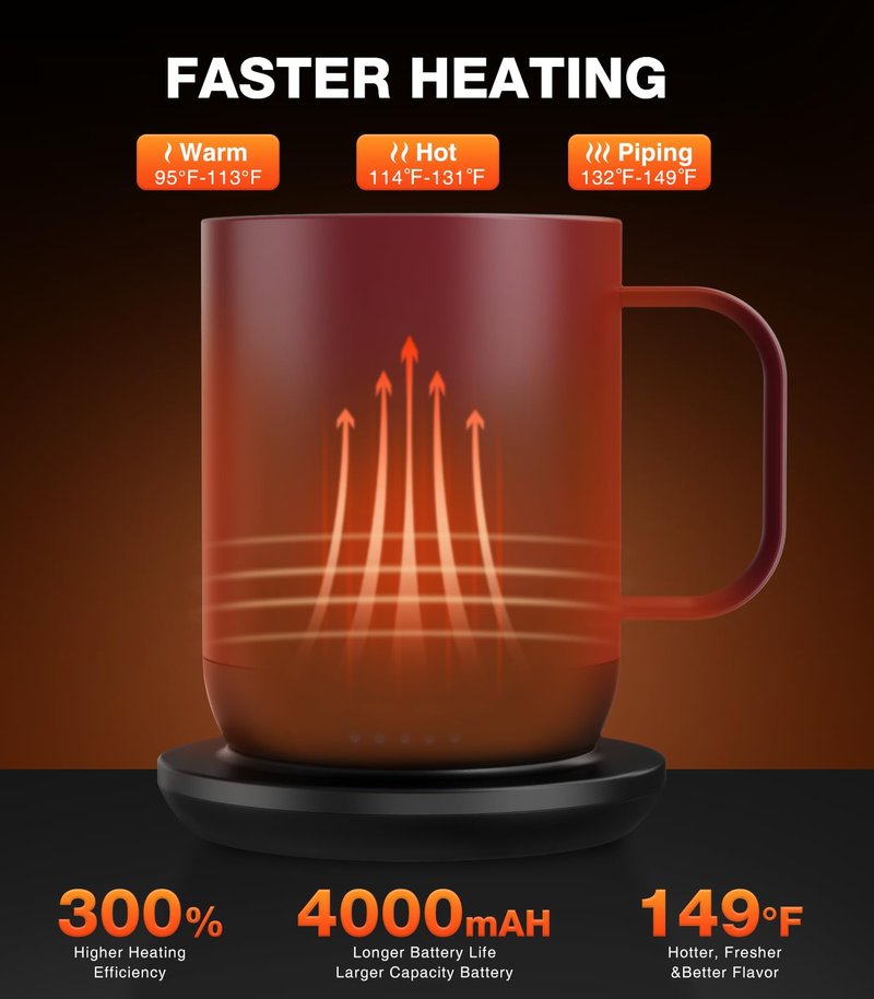 Kepwam Self Heating Coffee Mug T1-16oz Fast Heating & Ultra Long-Lasting Battery Life, Heated Coffee Mug Up to 149℉ - Touch & App Controlled Coffee Mug, Birthday Gifts for Women and Men
